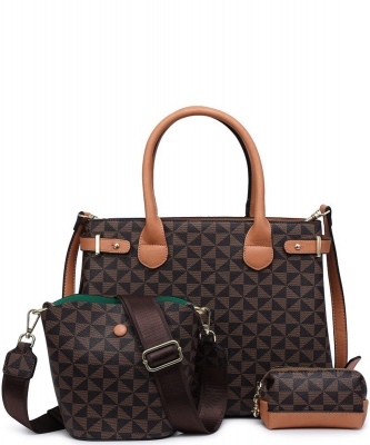 3in1 Monogram Colorblock Satchel Set BG-716534 TAN